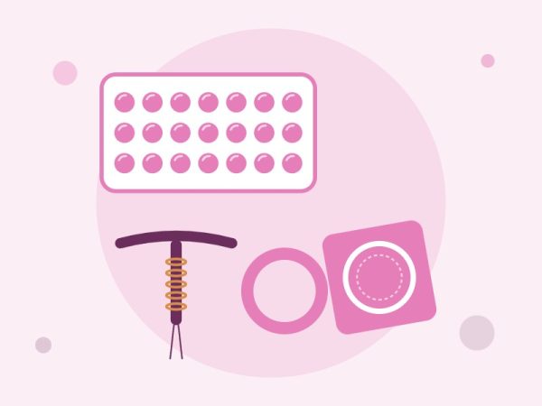 Illustratie van verschillende anticonceptiemiddelen: pil, condoom, ring en spiraaltje